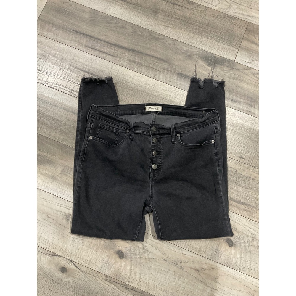 Madewell 9 Inch Mid-Rise Skinny Jeans Black Button Fly Raw Hem Size 32